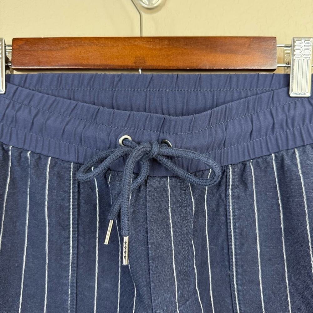 ATHLETA 100% Linen Bali Navy Blue Stripe Wide Leg Drawstring Crop Pants Sz 4 - Picture 9 of 14